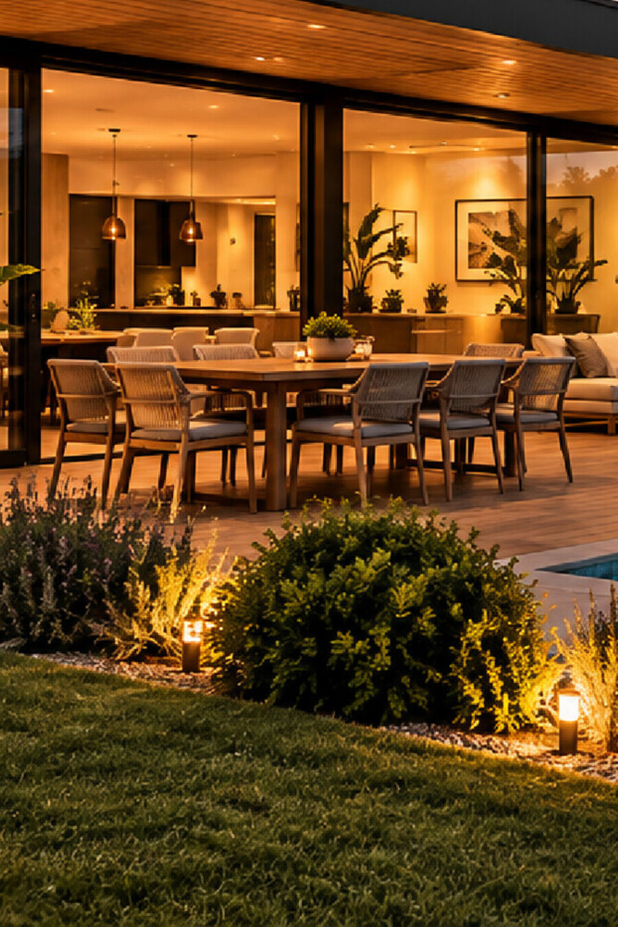 Verandada akşam sofrası, içeride aydınlanan salon