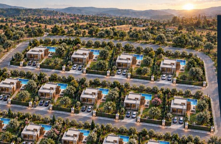 Nefes, havadan görünüm, villalar ve zeytin bahçeleri